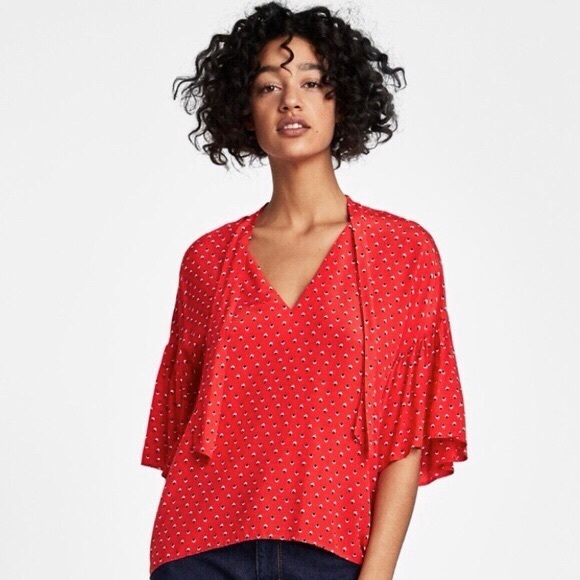 Zara NWT Bold Red Print Oversized Flutter Sleeve Blouse with Pussy Bow XS S - Picture 2 of 10
